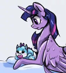 Size: 781x862 | Tagged: safe, artist:smirk, derpibooru import, twilight sparkle, twilight sparkle (alicorn), oc, unnamed oc, alicorn, dragon, pony, baby, baby dragon, colored sketch, dragon oc, duo, image, non-pony oc, pacifier, pillow, png, sketch, solo