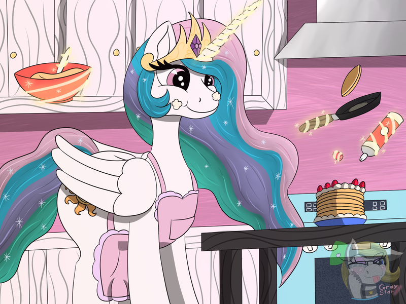 Size: 1600x1200 | Tagged: safe, artist:gray star, derpibooru import, princess celestia, alicorn, pony, apron, clothes, cutie mark, food, herbivore, hoof shoes, image, kitchen, levitation, magic, naked apron, pancakes, partial nudity, plate, png, smiling, strawberry, table, telekinesis, whipped cream