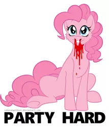 Size: 1026x1200 | Tagged: semi-grimdark, artist:mechanakal, derpibooru import, pinkie pie, earth pony, pony, andrew w.k., blood, female, i get wet, image, mare, nosebleed, parody, party hard, png, redraw, signature, simple background, solo, text, white background