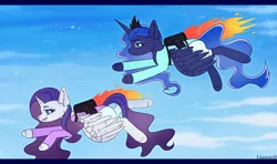 Size: 1280x757 | Tagged: safe, artist:liannell, derpibooru import, princess luna, rarity, alicorn, alicornified, clothes, flying, happy, image, jetpack, jpeg, leotard, race swap, raricorn, sky, sky background, smiling