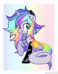 Size: 1710x2166 | Tagged: safe, artist:idkhesoff, derpibooru import, oc, oc:pastel chole, unofficial characters only, alicorn, lamia, original species, pony, snake, snake pony, alicorn oc, commission, female, freckles, grin, heterochromia, horn, image, lamiafied, mare, markings, multicolored hair, png, rainbow background, rainbow hair, raised hoof, smiling, solo, species swap, tattoo, wings, ych result