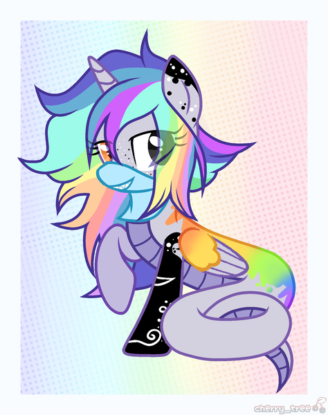 Size: 1710x2166 | Tagged: safe, alternate version, artist:idkhesoff, derpibooru import, oc, oc:pastel chole, unofficial characters only, alicorn, lamia, original species, pony, snake, snake pony, alicorn oc, bandana, commission, female, freckles, grin, heterochromia, horn, image, lamiafied, mare, markings, multicolored hair, png, rainbow background, rainbow hair, raised hoof, smiling, solo, species swap, tattoo, wings, ych result