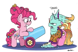 Size: 1024x681 | Tagged: safe, artist:bobthedalek, derpibooru import, luster dawn, pinkie pie, starlight glimmer, earth pony, pony, unicorn, the last problem, atg 2022, bipedal, clothes, image, implied starlight glimmer, jpeg, kite, newbie artist training grounds, older, older pinkie pie, party cannon, sweater, that pony sure does love kites