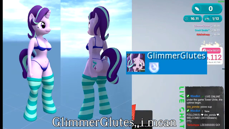 Size: 1280x720 | Tagged: suggestive, derpibooru import, edit, edited screencap, screencap, starlight glimmer, anthro, pony, unicorn, ass, bikini, breasts, butt, cleavage, clothes, derpibooru exclusive, game screencap, glimmer glutes, image, jpeg, socks, swimsuit, text