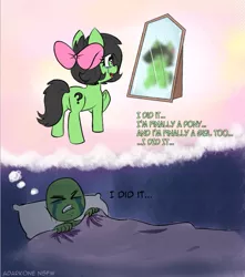 Size: 619x700 | Tagged: safe, artist:adarkone, derpibooru import, oc, oc:anon, oc:anonfilly, unofficial characters only, earth pony, human, pony, bed, bow, crying, dream, female, filly, foal, hair bow, image, jpeg, mare, mirror, reflection