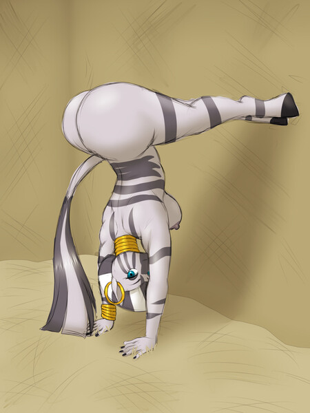Size: 960x1280 | Tagged: questionable, artist:lurking tyger, derpibooru import, zecora, anthro, zebra, ass, breasts, busty zecora, butt, handstand, image, jpeg, large butt, looking at you, nipples, nudity, sideboob, solo, upside down, zecorass