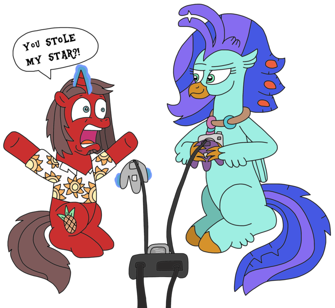 Size: 2660x2441 | Tagged: safe, artist:supahdonarudo, derpibooru import, oc, oc:ironyoshi, oc:sea lilly, unofficial characters only, classical hippogriff, hippogriff, unicorn, atg 2022, betrayal, camera, clothes, controller, dialogue, holding, image, jewelry, levitation, magic, mario party, necklace, newbie artist training grounds, nintendo 64, png, raised eyebrow, shirt, shocked, simple background, sitting, smug, speech bubble, telekinesis, text, transparent background