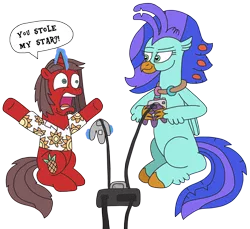 Size: 2660x2441 | Tagged: safe, artist:supahdonarudo, derpibooru import, oc, oc:ironyoshi, oc:sea lilly, unofficial characters only, classical hippogriff, hippogriff, unicorn, atg 2022, betrayal, camera, clothes, controller, dialogue, holding, image, jewelry, levitation, magic, mario party, necklace, newbie artist training grounds, nintendo 64, png, raised eyebrow, shirt, shocked, simple background, sitting, smug, speech bubble, telekinesis, text, transparent background