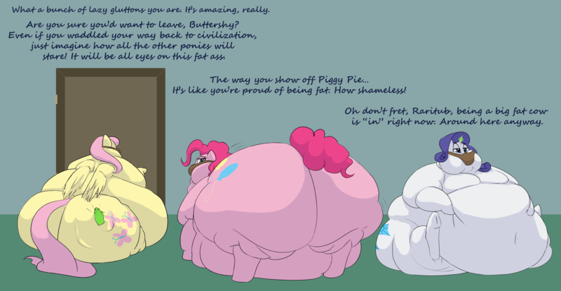 Size: 3500x1819 | Tagged: questionable, semi-grimdark, artist:lupin quill, derpibooru import, applejack, alicorn, pegasus, pony, unicorn, fanfic:feedbag, series:the feedbag six (weight gain), applefat, bad end, bag, bedroom eyes, belly, belly bed, belly button, belly grab, big belly, bingo wings, blushing, bondage, butt, chubby cheeks, dialogue, door, double chin, eating, fanfic art, fat, fat fetish, fat wings, feed bag, feeding, fetish, force feeding, hand, huge belly, humiliation, image, implied queen chrysalis, impossibly large belly, imprisoned, jiggle, large butt, magic, magic hands, magic suppression, morbidly obese, multichin, near immobile, obese, offscreen character, plot, png, rolls of fat, simple background, slap, spanking, spoilers for another series, teasing, the ass was fat, underhoof, weight gain, weight gain sequence, wings