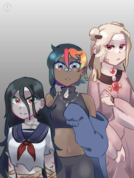 Size: 1536x2048 | Tagged: safe, artist:metaruscarlet, derpibooru import, oc, oc:anna (spirit), oc:keiko (ghost), oc:pride heart, unofficial characters only, ghost, human, undead, bandage, bandaid, belly button, blood, chains, clothes, cut, dark skin, dress, ear piercing, earring, eyebrow piercing, eyeshadow, female, gem, hoodie, humanized, humanized oc, image, jewelry, jpeg, lip piercing, makeup, multicolored hair, necklace, nose piercing, open mouth, pants, piercing, rainbow hair, red eyes, scar, school uniform, size difference, spirit, sports bra, stitches, sweatpants, tattoo, torn clothes, trio