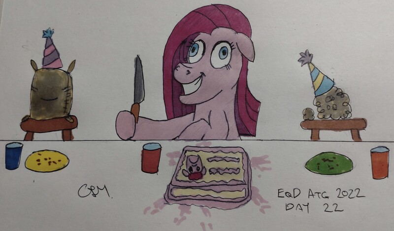 Size: 3826x2244 | Tagged: safe, artist:rapidsnap, derpibooru import, descent, madame le flour, pinkie pie, sir lintsalot, party of one, cake, crazy eyes, crazy face, faic, food, hat, image, insanity, jpeg, manic grin, party, party hat, pinkamena diane pie, smiling