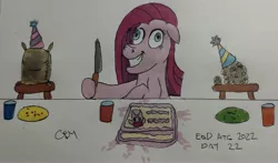 Size: 3826x2244 | Tagged: safe, artist:rapidsnap, derpibooru import, descent, madame le flour, pinkie pie, sir lintsalot, party of one, cake, crazy eyes, crazy face, faic, food, hat, image, insanity, jpeg, manic grin, party, party hat, pinkamena diane pie, smiling