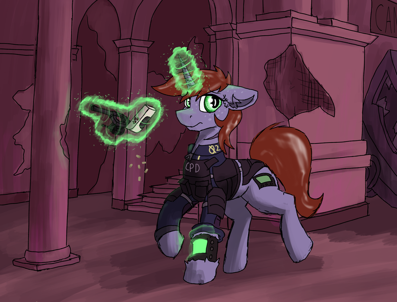 Size: 3060x2328 | Tagged: safe, artist:reddthebat, derpibooru import, oc, oc:littlepip, pony, unicorn, fallout equestria, body armor, bulletproof vest, canterlot, clothes, fallout, female, gun, handgun, image, jumpsuit, levitation, little macintosh, magic, mare, pink cloud (fo:e), pipbuck, png, revolver, solo, telekinesis, vault suit, weapon