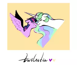 Size: 1008x848 | Tagged: safe, artist:xiashui, derpibooru import, princess celestia, twilight sparkle, twilight sparkle (alicorn), alicorn, pony, boop, eyes closed, female, floppy ears, grin, heart, horn, image, lesbian, mare, noseboop, png, shipping, simple background, size difference, smiling, spread wings, text, twilestia, wings, yellow background