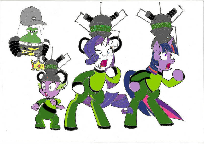 Size: 1062x752 | Tagged: safe, artist:jmkplover, color edit, derpibooru import, edit, rarity, spike, twilight sparkle, alicorn, alien, dragon, pony, unicorn, bipedal, bodysuit, brainwashing, chicken dance, clothes, colored, controller, crossover, female, hat, helmet, image, jimmy neutron, jimmy neutron the movie, jpeg, jumpsuit, male, mind control, open mouth, remote control, shocked, shocked expression, shrunken pupils, simple background, suit, tech control, white background, yolkians