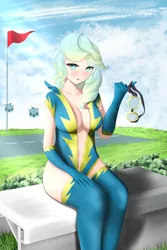 Size: 4000x6000 | Tagged: suggestive, artist:toffrox, derpibooru import, vapor trail, human, absurd resolution, bench, big breasts, breasts, busty vapor trail, clothes, cloud, cloud house, eyebrows, eyebrows visible through hair, female, flag, gloves, goggles, grass, humanized, image, looking at you, open mouth, plant, png, runway, sitting, sky, socks, solo, solo female, thigh highs, uniform, wonderbolt trainee uniform