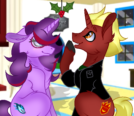 Size: 565x489 | Tagged: safe, artist:doraeartdreams-aspy, derpibooru import, oc, oc:aramau, oc:firebrand, cute, female, firemau, hearth's warming eve, holly, holly mistaken for mistletoe, image, male, oc x oc, ocbetes, png, shipping, straight