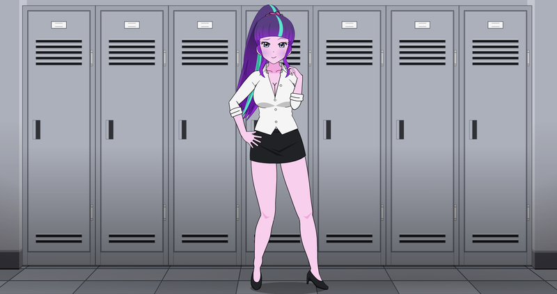 Size: 1920x1016 | Tagged: suggestive, derpibooru import, starlight glimmer, human, equestria girls, bedroom eyes, breasts, busty starlight glimmer, canterlot high, clothes, curvy, high heels, humanized, image, kisekae, leaning back, legs, lockers, long legs, microskirt, miniskirt, open clothes, open shirt, pencil skirt, pinup, png, ponytail, seductive, seductive pose, shoes, skirt, stupid sexy starlight glimmer