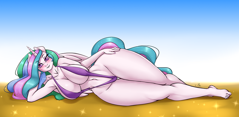 Size: 1200x586 | Tagged: suggestive, artist:pia-sama, derpibooru import, princess celestia, alicorn, anthro, plantigrade anthro, belly button, bikini, blushing, breasts, busty princess celestia, clothes, ethereal mane, ethereal tail, female, hand on hip, image, looking at you, png, sling bikini, smiling, stupid sexy celestia, swimsuit, tail, thighs, thunder thighs, useless clothing, wide hips