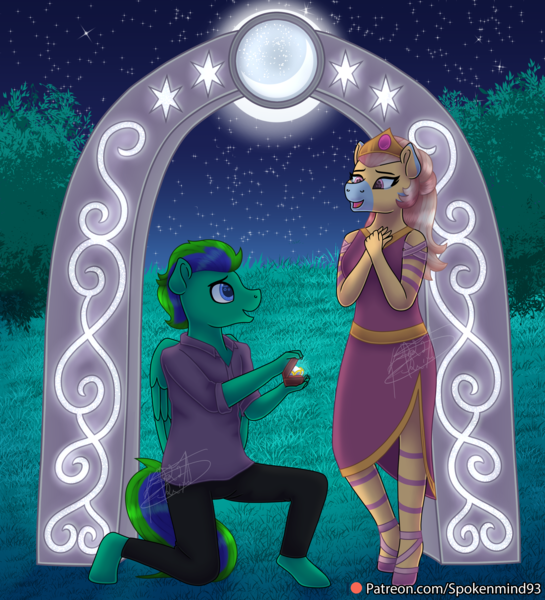 Size: 3000x3300 | Tagged: safe, artist:spokenmind93, derpibooru import, oc, oc:cygnus, oc:gale twister, anthro, unguligrade anthro, clothes, crown, crying, cute, cygale, dress, female, image, jewelry, male, marriage proposal, oc x oc, png, regalia, shipping, straight, tears of joy