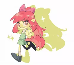 Size: 1024x906 | Tagged: safe, artist:xiaowangzidemianyang, derpibooru import, apple bloom, human, equestria girls, blushing, clothes, eared humanization, grin, humanized, image, jpeg, smiling, solo, tail, tailed humanization