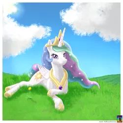 Size: 3500x3500 | Tagged: safe, artist:sufficientgravitas, derpibooru import, princess celestia, alicorn, pony, bust, cloud, crepuscular rays, female, flower, grass, image, lying down, mare, outdoors, png, portrait, solo