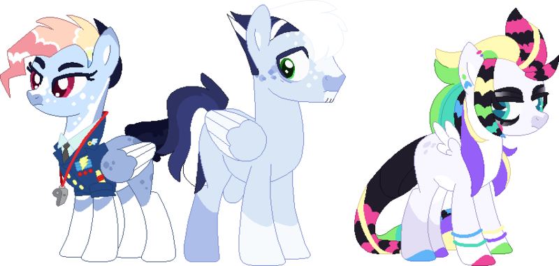 Size: 855x407 | Tagged: safe, artist:klawiee, artist:selenaede, derpibooru import, rainbow dash, soarin', oc, pegasus, pony, alternate design, alternate hairstyle, base used, clothes, coat markings, family, female, image, male, mare, multicolored hair, offspring, parent:rainbow dash, parent:soarin', parents:soarindash, pegasus oc, png, rainbow hair, shipping, small wings, soarindash, socks (coat marking), stallion, straight, twitterina design, uniform, whistle, whistle necklace, wings, wonderbolts dress uniform