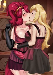 Size: 1437x2048 | Tagged: suggestive, artist:thebrokencog, derpibooru import, applejack, cherry jubilee, human, backless, big breasts, blushing, breasts, busty applejack, busty cherry jubilee, cherryjack, clothes, commission, dress, duo, duo female, eyes closed, female, gloves, huge breasts, humanized, image, kissing, lesbian, love, png, romance, romantic, saloon, saloon dress, shipping