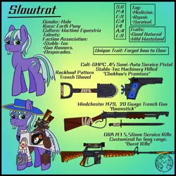 Size: 4000x4000 | Tagged: safe, artist:dice-warwick, derpibooru import, oc, oc:slowtrot, pony, fallout equestria, fallout equestria: desperados, gun, handgun, image, male, pistol, png, rifle, shotgun, stallion, weapon