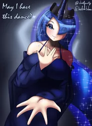 Size: 1540x2106 | Tagged: safe, artist:chiefywiffy, derpibooru import, princess luna, human, breasts, busty princess luna, dialogue, eye clipping through hair, female, hand on chest, humanized, image, looking at you, offering, png, solo