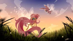Size: 2390x1359 | Tagged: safe, artist:ckibe, derpibooru import, angel bunny, fluttershy, breezie, rabbit, angel bunny is not amused, animal, breeziefied, duo, duo male and female, female, flower, flower in hair, flutterbreez, fluttering, flying, grass, happy, image, jpeg, male, open mouth, smiling, species swap, unamused