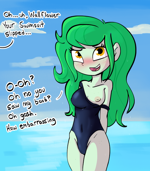 Size: 4500x5120 | Tagged: questionable, artist:tjpones, derpibooru import, wallflower blush, equestria girls, absurd file size, absurd resolution, blushing, boob freckles, breasts, busty wallflower blush, cameltoe, chest freckles, clothes, dialogue, erect nipples, exhibitionist wallflower, female, freckles, hip freckles, image, nipple outline, nipples, nudity, offscreen character, one breast out, one-piece swimsuit, open mouth, open smile, partial nudity, png, shoulder freckles, smiling, solo, solo female, swimsuit, wardrobe malfunction, water, wet, wet hair