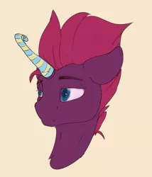 Size: 1536x1796 | Tagged: safe, artist:tenebrisnoctus, derpibooru import, fizzlepop berrytwist, tempest shadow, pony, unicorn, atg 2022, bust, female, horn, image, mare, newbie artist training grounds, party horn, png, simple background, solo, tempest gets her horn back, yellow background