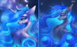 Size: 1280x796 | Tagged: safe, artist:nessapark21, derpibooru import, princess luna, alicorn, pony, beautiful, blue eyes, blue mane, bust, chest fluff, comparison, crown, digital art, ear fluff, ethereal mane, feather, female, flowing mane, folded wings, horn, image, jewelry, jpeg, lidded eyes, mare, moon, moonlight, night, redraw, regalia, sky, smiling, solo, starry mane, stars, wings