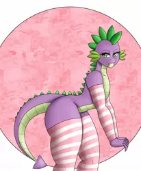 Size: 1400x1700 | Tagged: safe, artist:zachc, derpibooru import, spike, anthro, dragon, clothes, eyebrows, eyelashes, fangs, femboy, femboy spike, image, jpeg, looking at you, male, socks, solo, striped socks, thigh highs