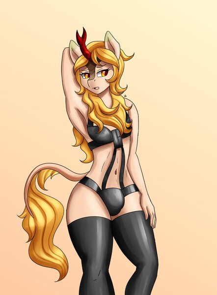 Size: 1400x1900 | Tagged: questionable, artist:zachc, derpibooru import, oc, unofficial characters only, anthro, kirin, arm behind head, armpits, ass, belly button, butt, clothes, colored pupils, commission, crotch bulge, eyebrows, eyelashes, femboy, image, jpeg, lingerie, male, open mouth, socks, solo, solo male, thigh highs