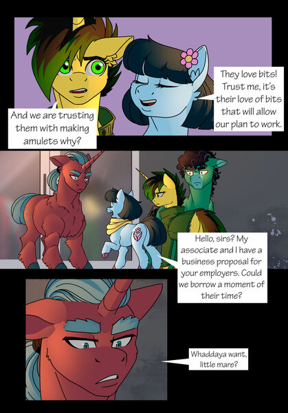 Size: 1280x1833 | Tagged: safe, artist:tillie-tmb, derpibooru import, oc, oc:meadow lark, oc:tempest, earth pony, pony, unicorn, comic:the amulet of shades, female, image, jpeg, male, mare, stallion