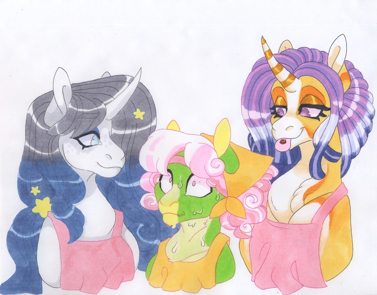 Size: 3773x2955 | Tagged: safe, artist:frozensoulpony, derpibooru import, oc, oc:bedrock pie, oc:citrus sprout, oc:sunrise shine, unofficial characters only, earth pony, pony, unicorn, apron, clothes, female, image, jpeg, male, mare, stallion, sweat, tongue out, traditional art
