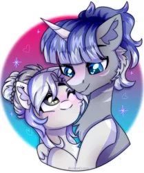 Size: 1500x1796 | Tagged: safe, artist:leah minik, derpibooru import, oc, oc:solar eclipse, unofficial characters only, pegasus, pony, unicorn, blue eyes, blushing, bust, cute, female, horn, hug, image, looking at each other, looking at someone, male, mare, oc x oc, one eye closed, pegasus oc, png, shipping, smiling, smiling at each other, stallion, unicorn oc, wings