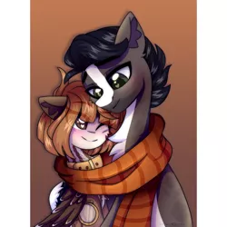 Size: 2500x2500 | Tagged: safe, artist:leah minik, derpibooru import, oc, unofficial characters only, earth pony, pegasus, pony, blushing, bust, chest fluff, clothes, commission, cute, earth pony oc, female, folded wings, glasses, glasses off, image, looking at each other, looking at someone, male, mare, oc x oc, one eye closed, pegasus oc, png, scarf, shared clothing, shared scarf, shipping, smiling, smiling at each other, stallion, wings
