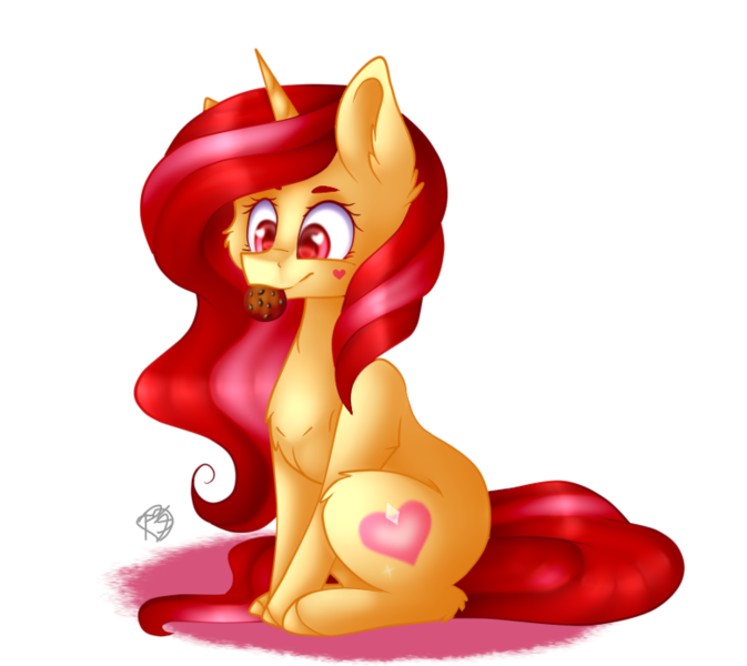 Size: 779x695 | Tagged: safe, artist:prettyshinegp, artist:princesscrystal36, derpibooru import, oc, unofficial characters only, pony, unicorn, collaboration, colored, cookie, eyelashes, female, food, horn, image, lineart, mare, mouth hold, png, simple background, solo, transparent background, unicorn oc