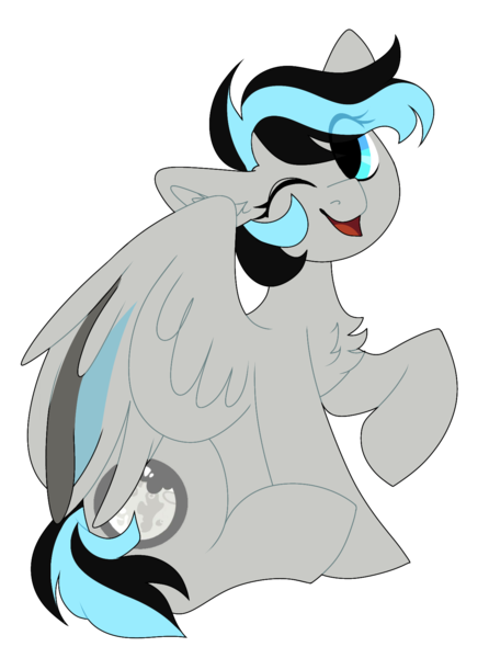 Size: 1280x1721 | Tagged: safe, artist:moonert, derpibooru import, oc, unofficial characters only, pegasus, pony, chest fluff, eye clipping through hair, eyelashes, female, image, mare, one eye closed, pegasus oc, png, raised hoof, simple background, sitting, smiling, solo, transparent background, wings, wink