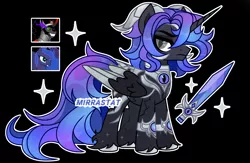 Size: 1280x834 | Tagged: safe, artist:mirrastat, derpibooru import, king sombra, princess luna, oc, alicorn, pony, alicorn oc, black background, horn, image, male, offspring, parent:king sombra, parent:princess luna, parents:lumbra, peytral, png, simple background, smiling, sombra eyes, stallion, sword, unshorn fetlocks, weapon, wings