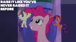 Size: 1280x720 | Tagged: safe, derpibooru import, edit, edited screencap, editor:quoterific, screencap, pinkie pie, rarity, earth pony, pony, unicorn, season 6, the saddle row review, ^^, angel rarity, cute, devil rarity, diapinkes, eyes closed, female, grin, image, jpeg, mare, open mouth, open smile, raribetes, shoulder angel, shoulder devil, smiling, text, trio