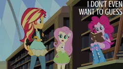 Size: 1280x720 | Tagged: safe, derpibooru import, edit, edited screencap, editor:quoterific, screencap, angel bunny, fluttershy, pinkie pie, sunset shimmer, rabbit, equestria girls, friendship games, animal, book, boots, canterlot high, clothes, female, image, jacket, jpeg, leather, leather jacket, library, male, open mouth, shoes, smiling, text