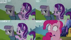 Size: 1280x720 | Tagged: safe, derpibooru import, edit, edited screencap, editor:quoterific, screencap, maud pie, pinkie pie, starlight glimmer, earth pony, pony, unicorn, rock solid friendship, season 7, bag, image, jpeg, mre, open mouth, saddle bag, shrunken pupils, smiling, text, trio, twilight's castle