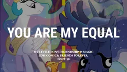 Size: 1280x720 | Tagged: safe, derpibooru import, edit, editor:quoterific, idw, philomena, princess celestia, princess luna, alicorn, phoenix, pony, friends forever, spoiler:comic, female, image, jpeg, looking at each other, looking at someone, male, mare, spread wings, text, trio, wings