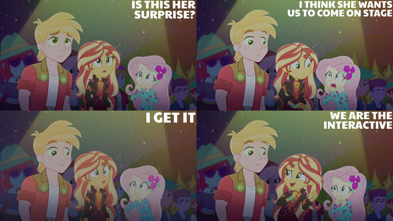 Size: 1280x720 | Tagged: safe, derpibooru import, edit, edited screencap, editor:quoterific, screencap, big macintosh, fluttershy, sunset shimmer, equestria girls, equestria girls series, the last drop, spoiler:eqg series (season 2), clothes, female, geode of empathy, image, jacket, jpeg, magical geodes, male, music festival outfit, night, open mouth, open smile, smiling, text, trio, trio focus