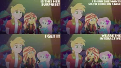 Size: 1280x720 | Tagged: safe, derpibooru import, edit, edited screencap, editor:quoterific, screencap, big macintosh, fluttershy, sunset shimmer, equestria girls, equestria girls series, the last drop, spoiler:eqg series (season 2), clothes, female, geode of empathy, image, jacket, jpeg, magical geodes, male, music festival outfit, night, open mouth, open smile, smiling, text, trio, trio focus