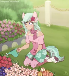 Size: 1181x1300 | Tagged: safe, artist:inuhoshi-to-darkpen, derpibooru import, satyr, clothes, dahlia, eye clipping through hair, eyebrows, eyebrows visible through hair, flower, flower in hair, g5, image, leg fluff, png, scarf, watering, watering can